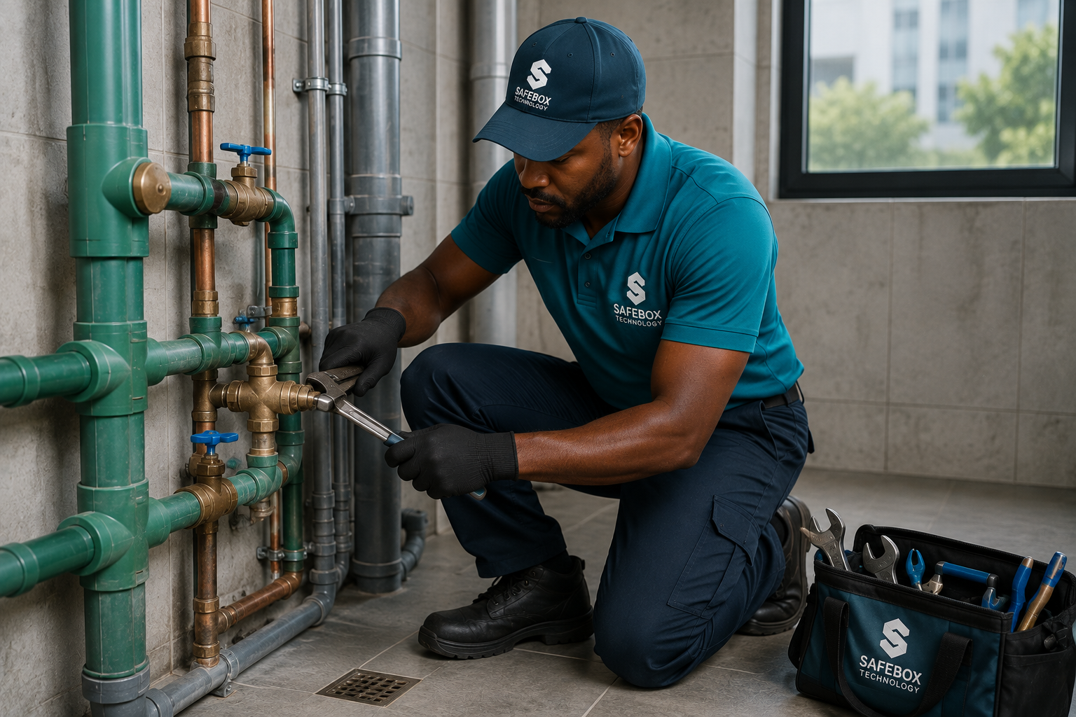 Safebox Technology technician performing electrical maintenance on a commercial electrical control panel
